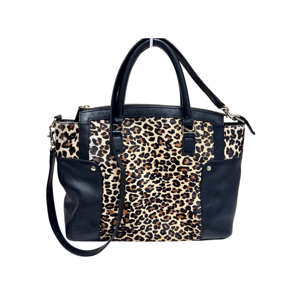 Talbots Satchel Bag Women Black Tan Good Leopard Haircalf Leather Crossbody